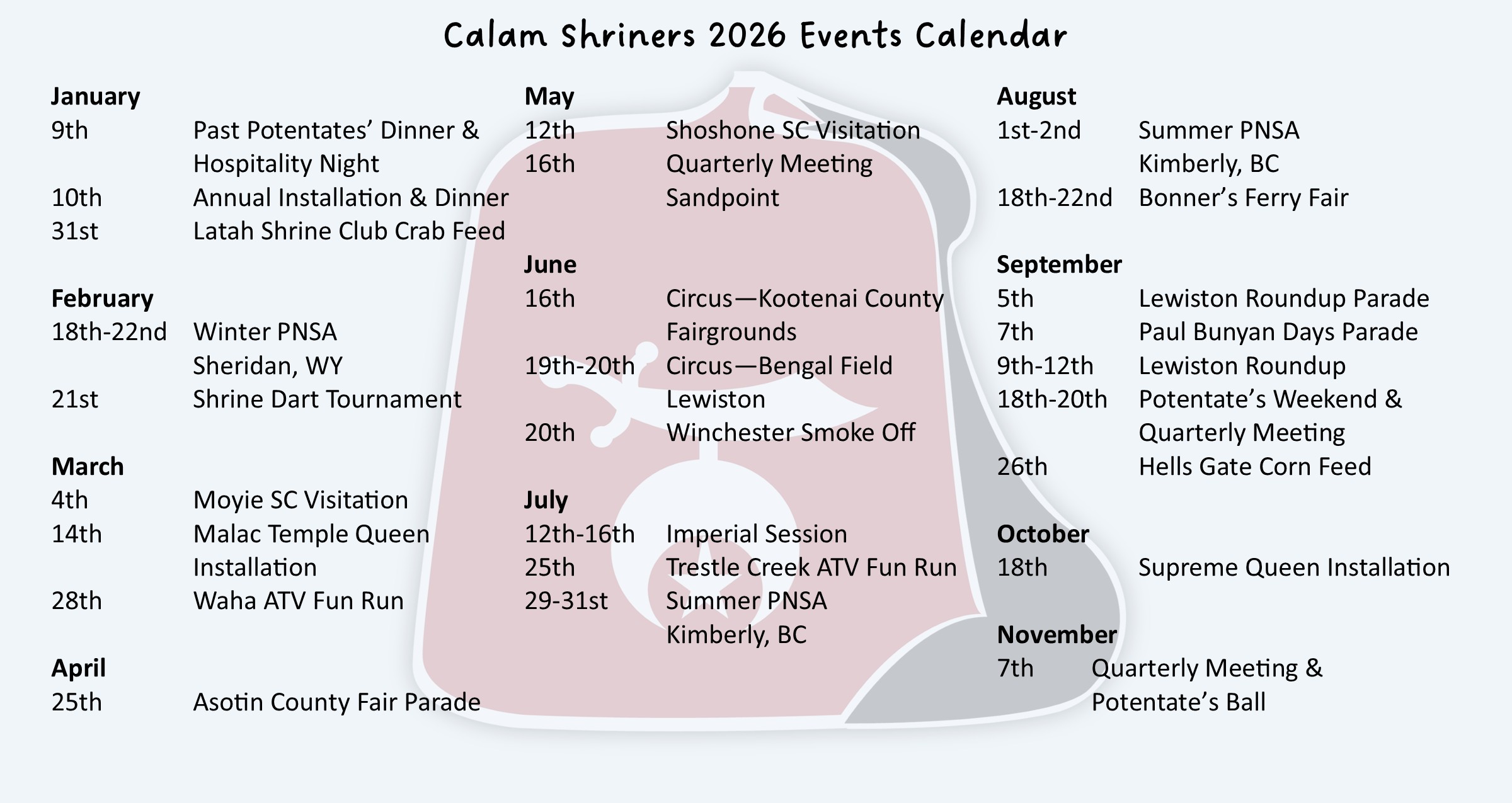 Calam Shriners 2026 events calendar